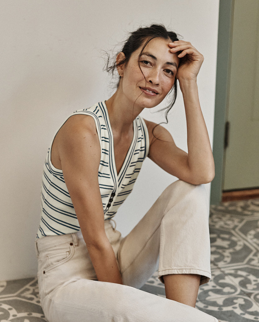 The Softest Ribbed Henley Tank - White Sand & Deep Sea Stripe