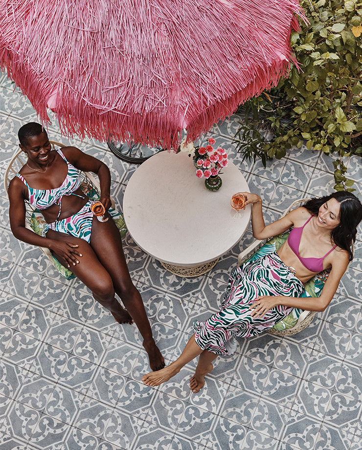 The Cinched Bikini Bottom - Watercolor Zebra in Hibiscus & Seaweed