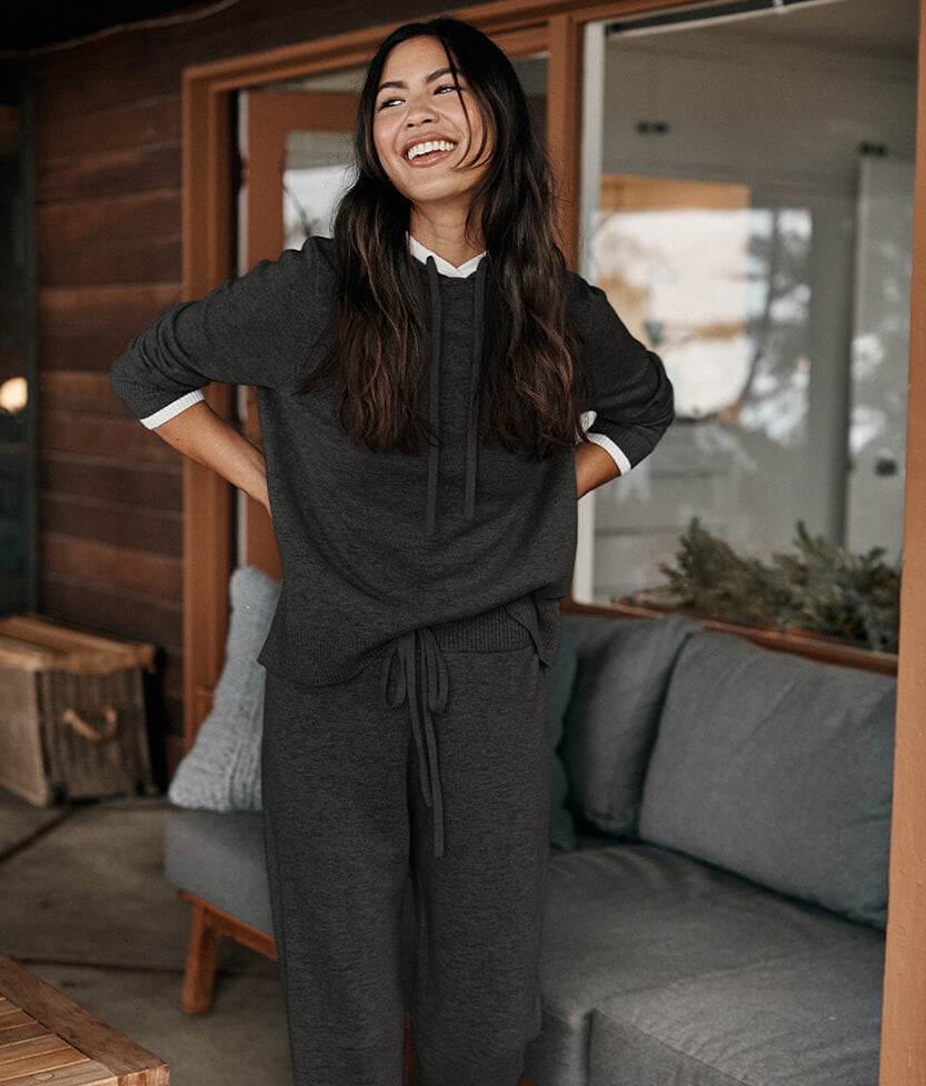 The Coziest Cashmere Blend Hoodie - Charcoal & White Sand