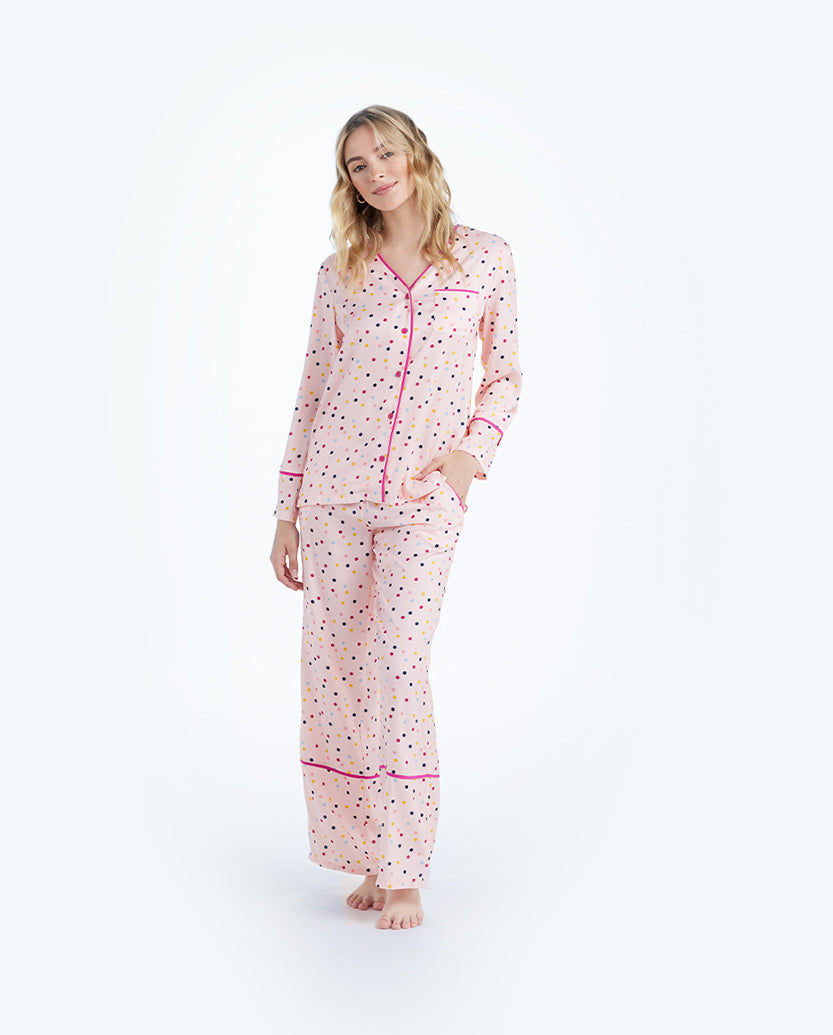 The Cloud 9 Silky PJ Set - Confetti Dot in Blush & Tangerine