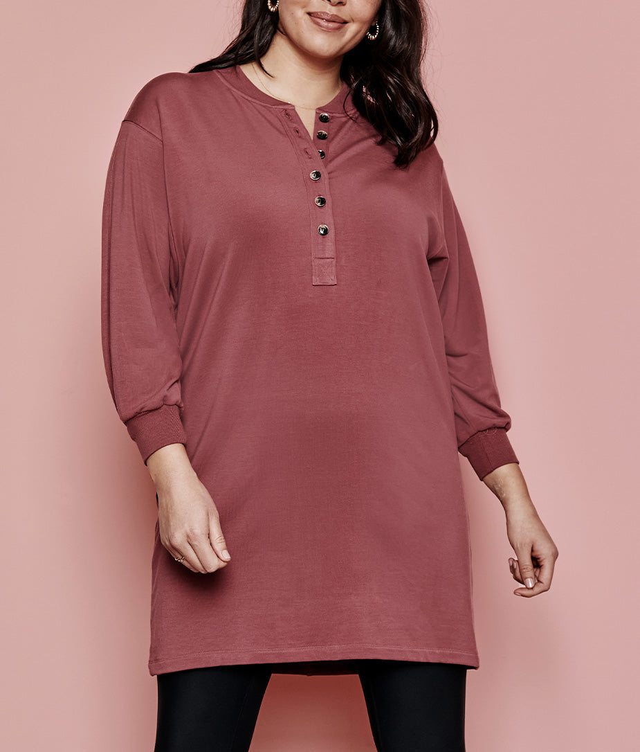The Softest French Terry Henley Dress - Rosewood