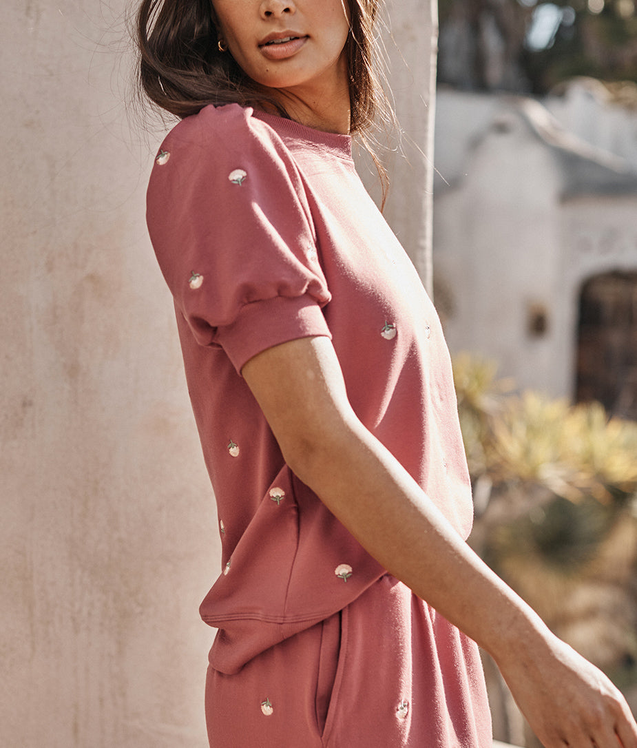 The Softest French Terry Puff Short Sleeve - Faded Rose Floral Stitch