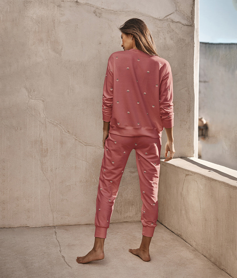 The Softest French Terry Jogger - Faded Rose Floral Stitch
