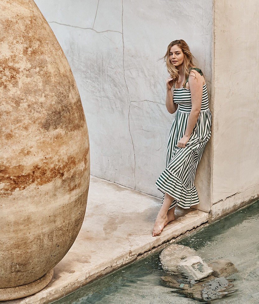 The Smocked Maxi Dress - in Nautical Stripe in Olive