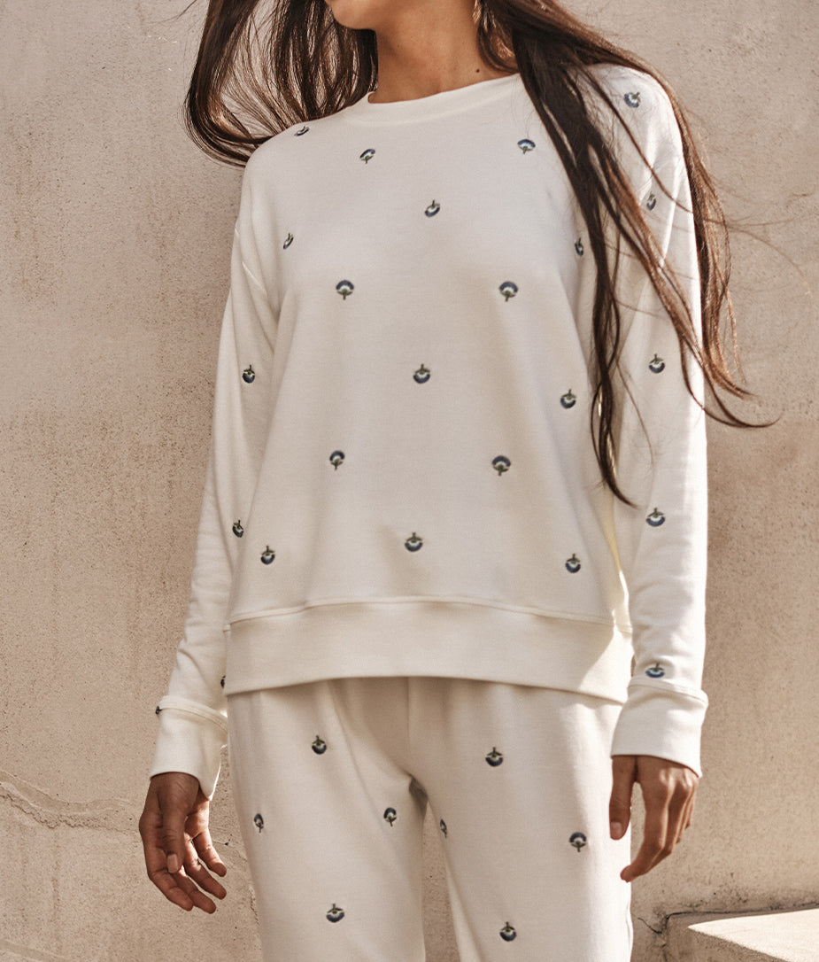 The Softest French Terry Relaxed Crew - White Sand Floral Stitch