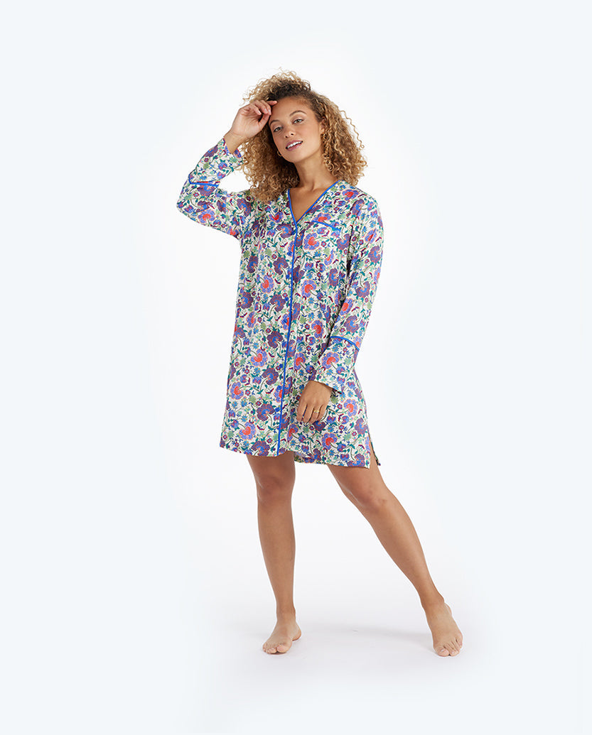 The Cloud 9 Boyfriend Sleep Shirt - Scroll Block Print in Violet & Lava