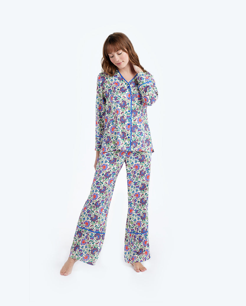 The Cloud 9 Silky PJ Set - Scroll Block Print in Violet & Lava