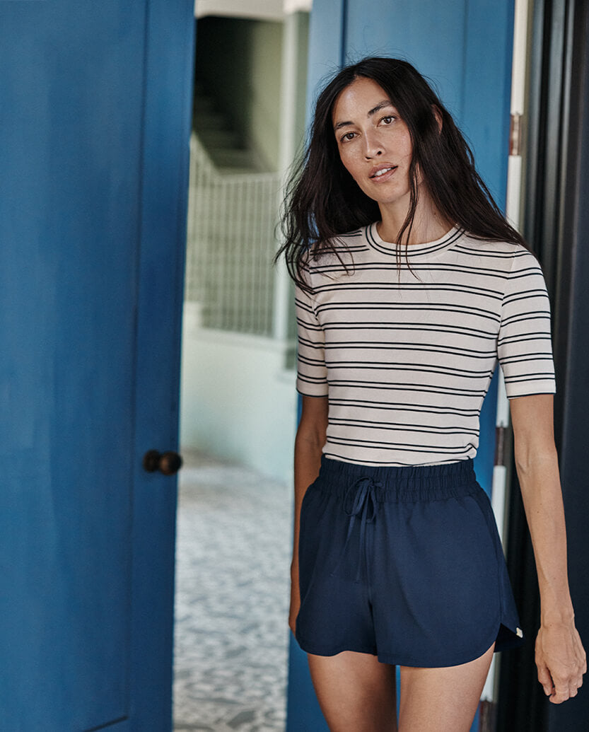 The Softest Ribbed Elbow Sleeve T-Shirt - White Sand & Deep Sea Stripe