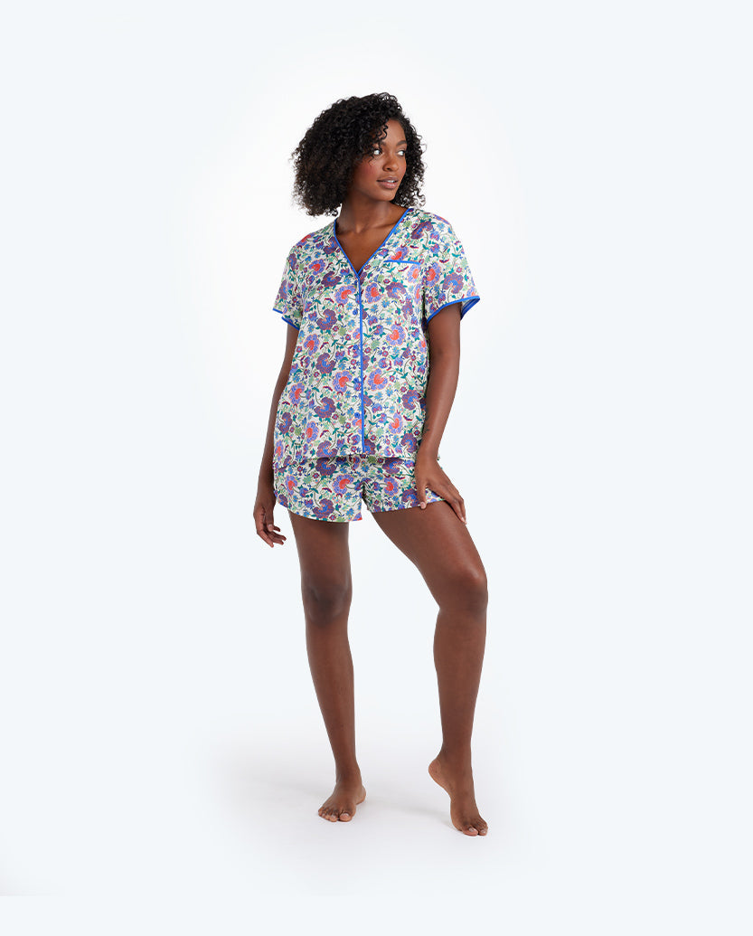 The Cloud 9 Silky PJ Shorts Set - Scroll Block Print in Violet & Lava