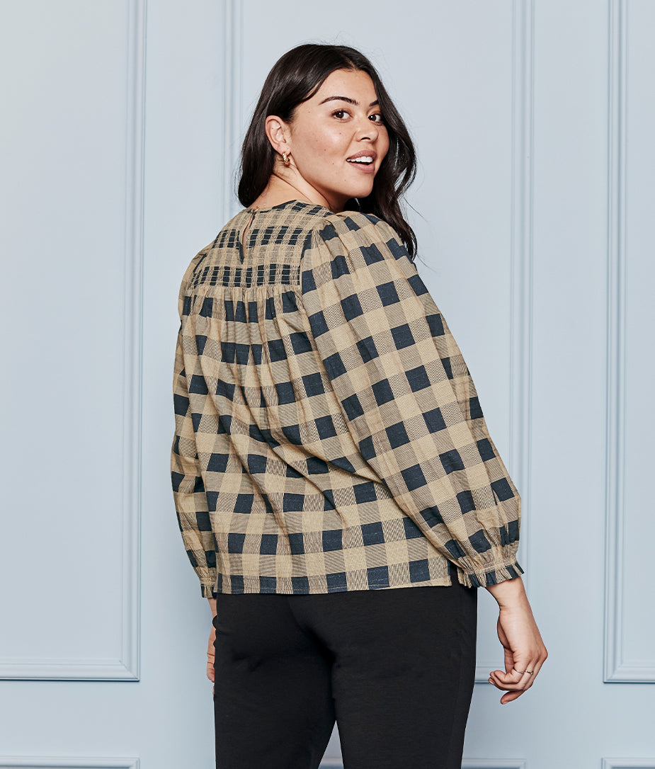 The Perfect Smocked Cotton Top - Buffalo Check in Midnight & Toffee