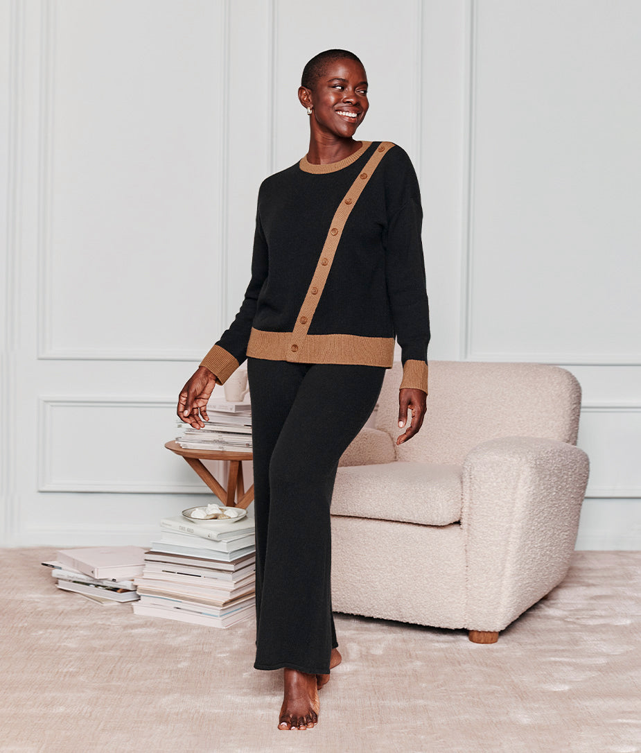 The Luxe Cashmere Blend Button Crewneck - Sea Urchin & Praline