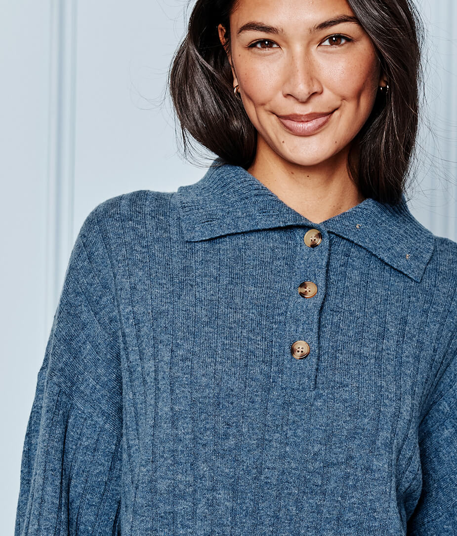 The Coziest Cashmere Blend Ribbed Half-Button Sweater - Main