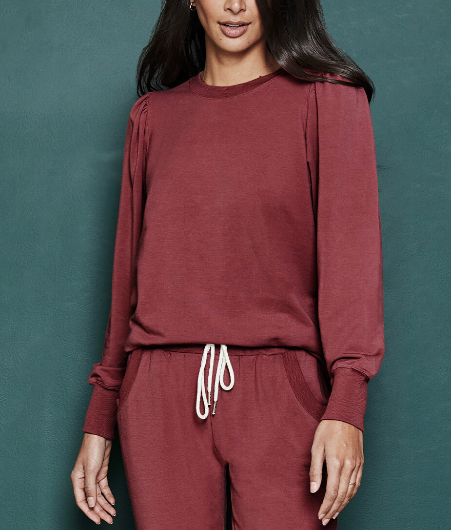 The Softest French Terry Puff Sleeve Pullover - Rosewood