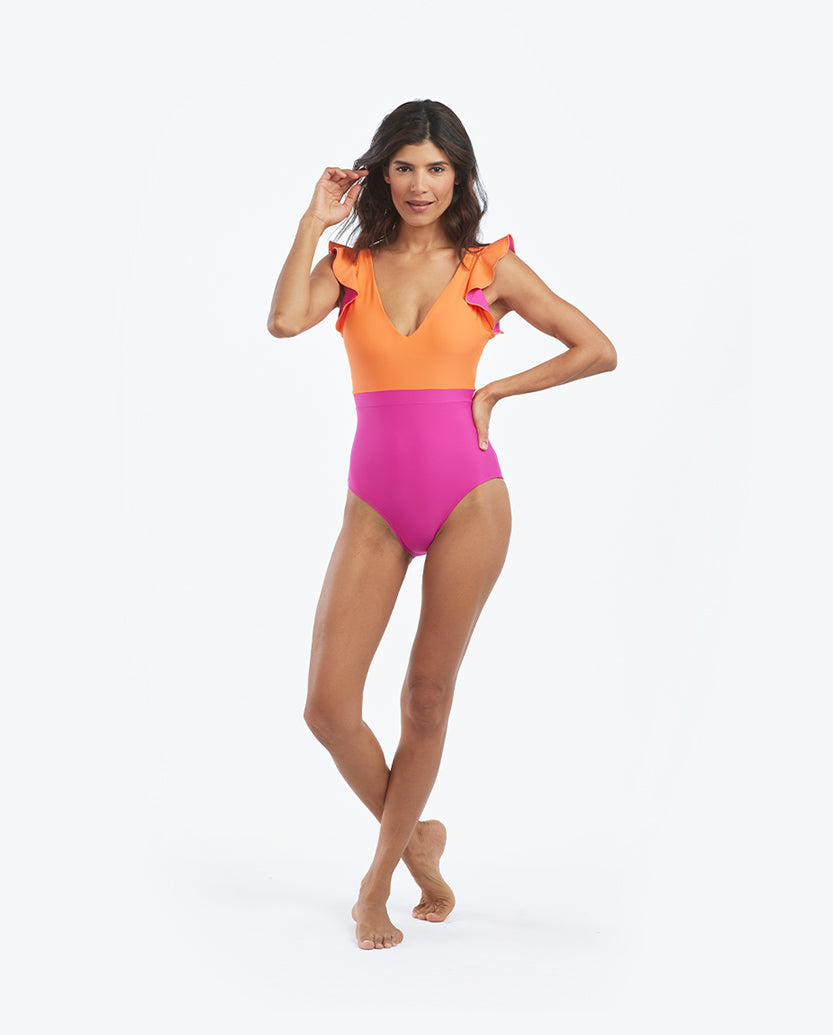 The Long Torso Ruffle Backflip -  Hibiscus & Tangerine