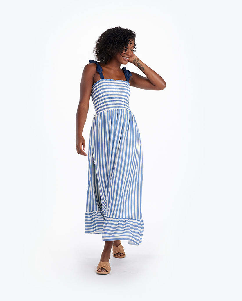 The Smocked Maxi Dress - Nautical Stripe in Blue Mountain