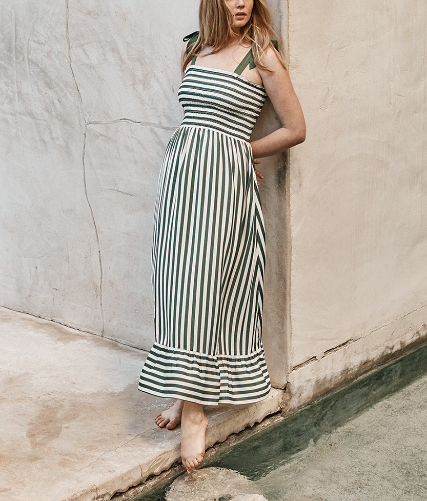The Smocked Maxi Dress - in Nautical Stripe in Olive