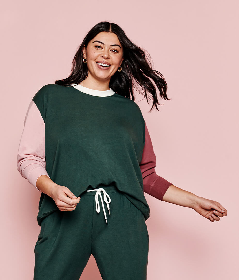 The Softest French Terry Relaxed Colorblock Crew - Eden & Shell & Rosewood