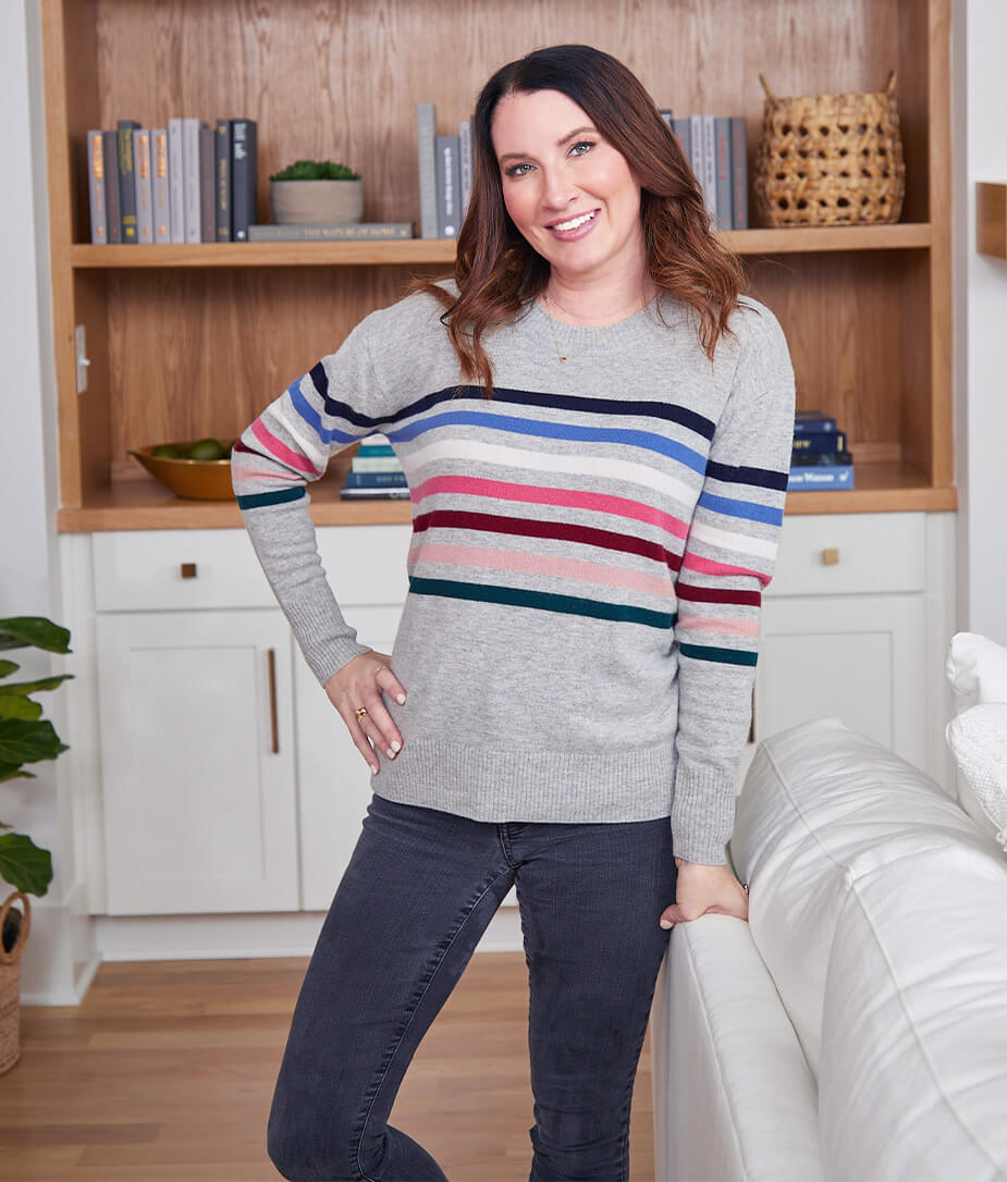 The Coziest Cashmere Blend Striped Crew - Rainbow Stripe on Wolf