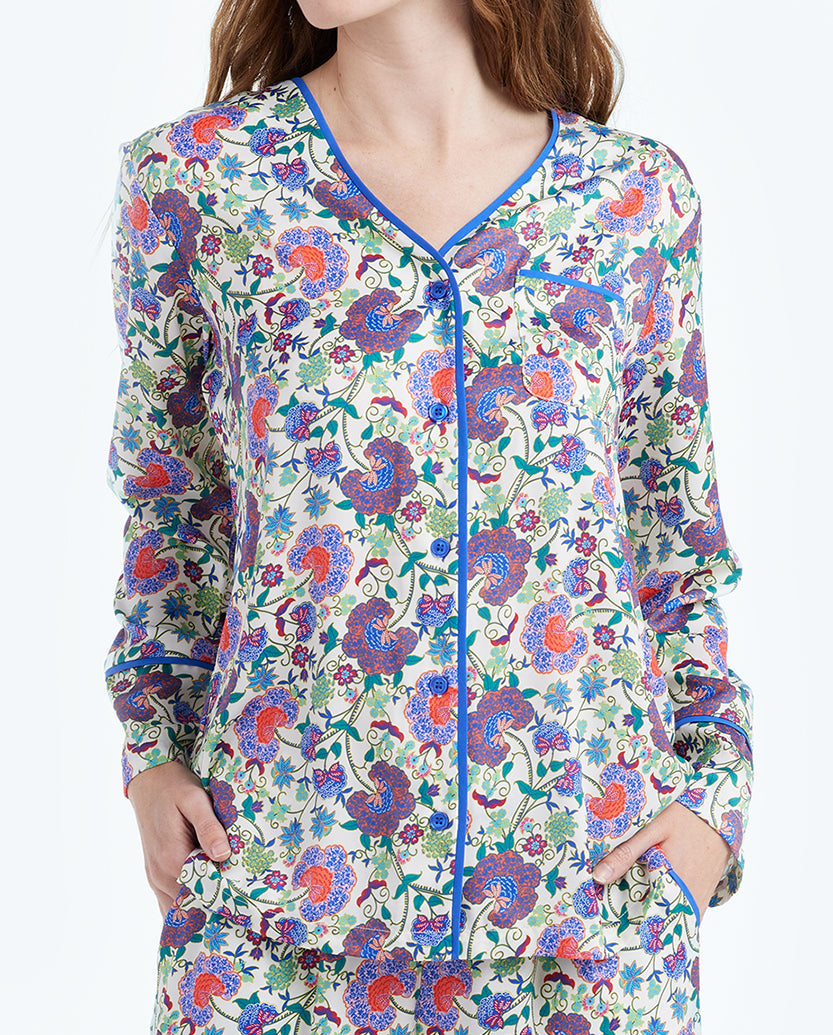 The Cloud 9 Silky PJ Set - Scroll Block Print in Violet & Lava