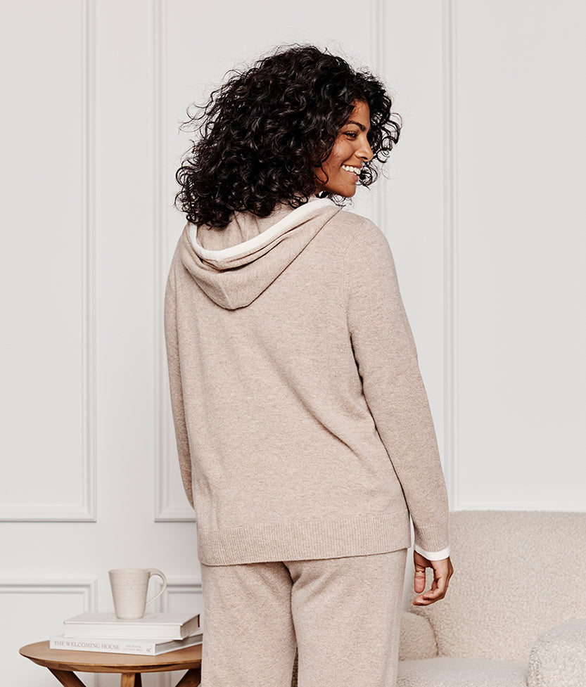 The Coziest Cashmere Blend Hoodie - Toffee & White Sand