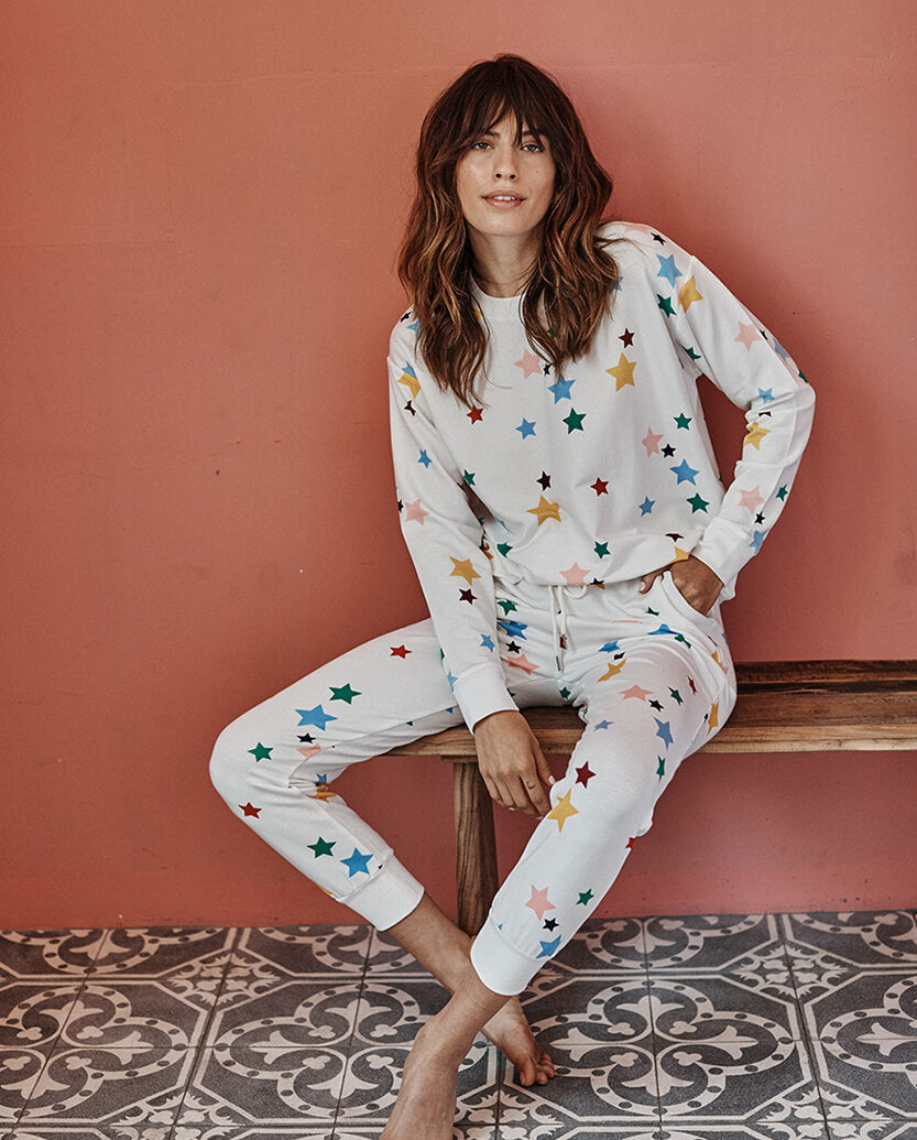The Softest French Terry Relaxed Crew - Scatter Stars in White Sand