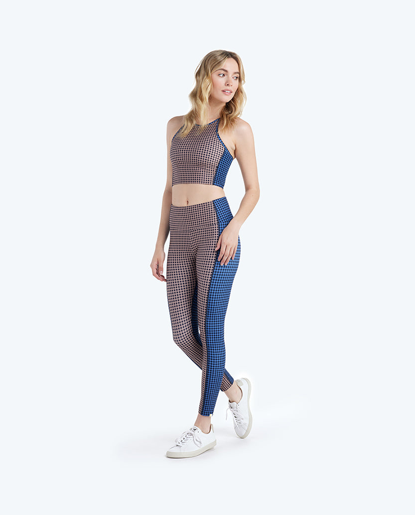The Colorblocked High Rise 7/8 Legging - Gingham in Blue Mountain & Toffee