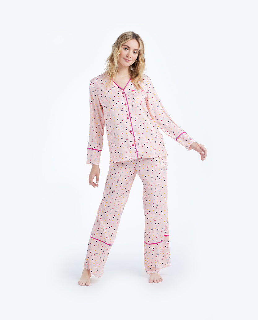 The Cloud 9 Silky PJ Set - Confetti Dot in Blush & Tangerine