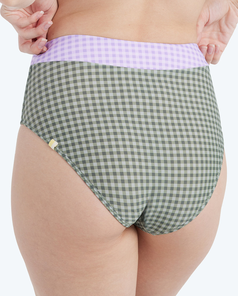 The Lace-Up High Leg High Rise Bikini Bottom - Gingham in Lavender & Ivy