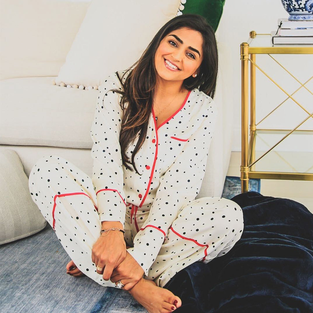 The Cloud 9 Silky PJ Set - Celestial Dot in White Sand