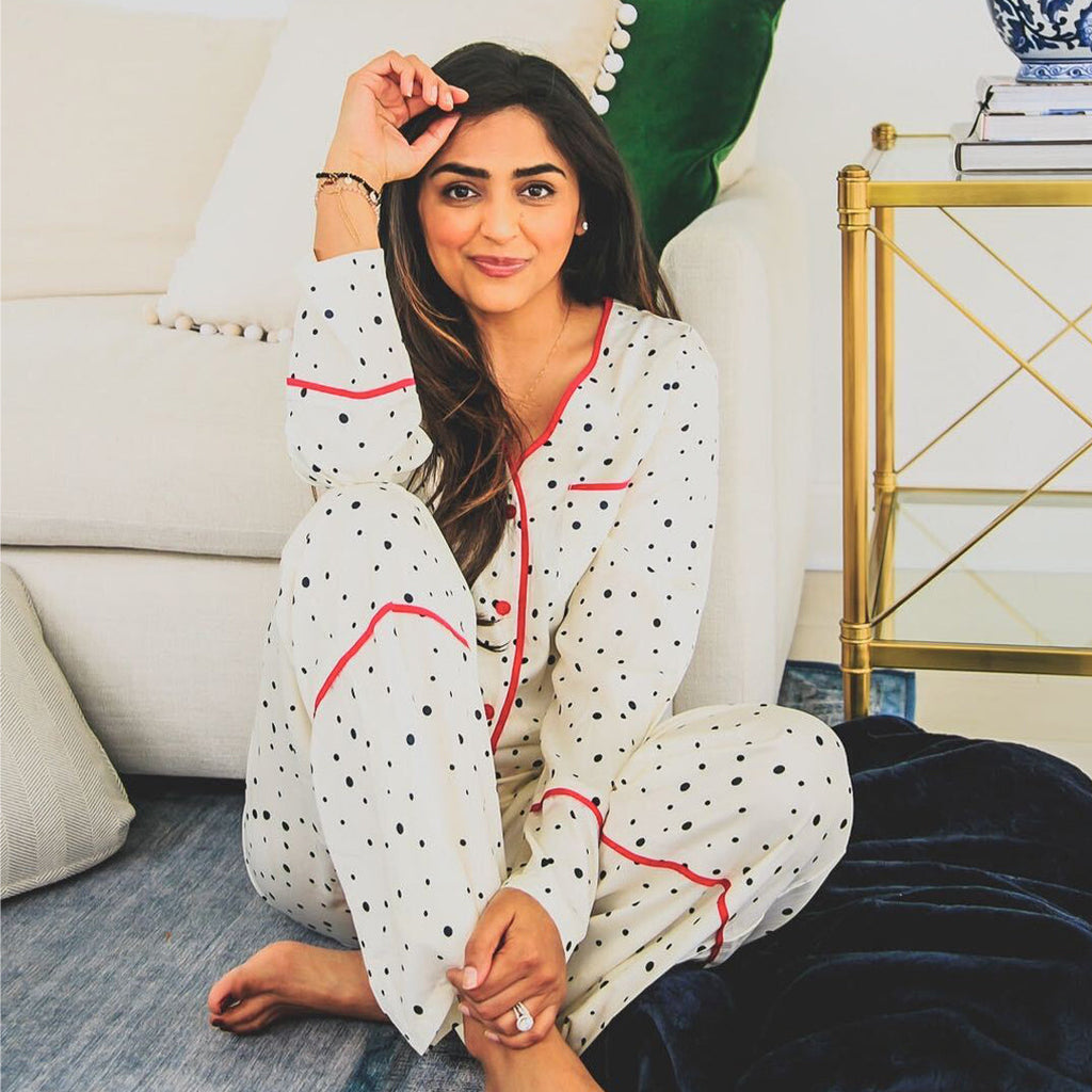 The Cloud 9 Silky PJ Set - Celestial Dot in White Sand