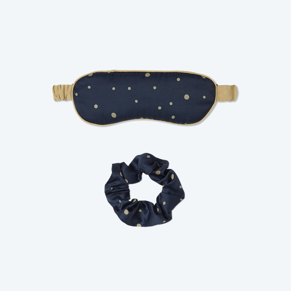 The Cloud 9 Silky Eye Mask & Scrunchie Set - Celestial Dot in Deep Sea & Gold