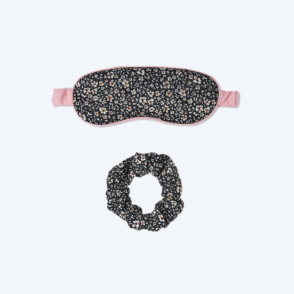 The Cloud 9 Silky Eye Mask & Scrunchie Set- In Bloom in Sea Urchin & Pink Sky