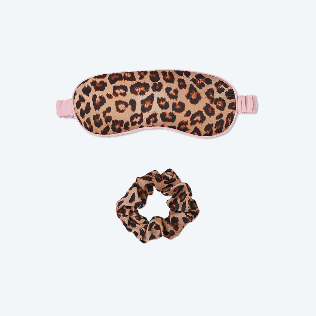 The Cloud 9 Silky Eye Mask & Scrunchie Set - Leopard & Pink Sky