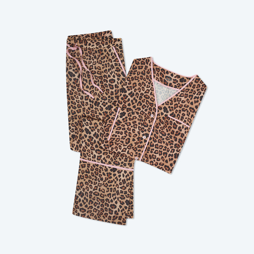 The Cloud 9 Silky PJ Set - Leopard & Pink Sky