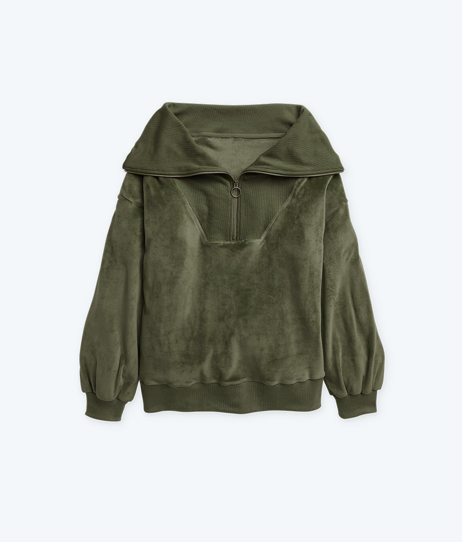 The Plush Velour Half-Zip Pullover - Olive