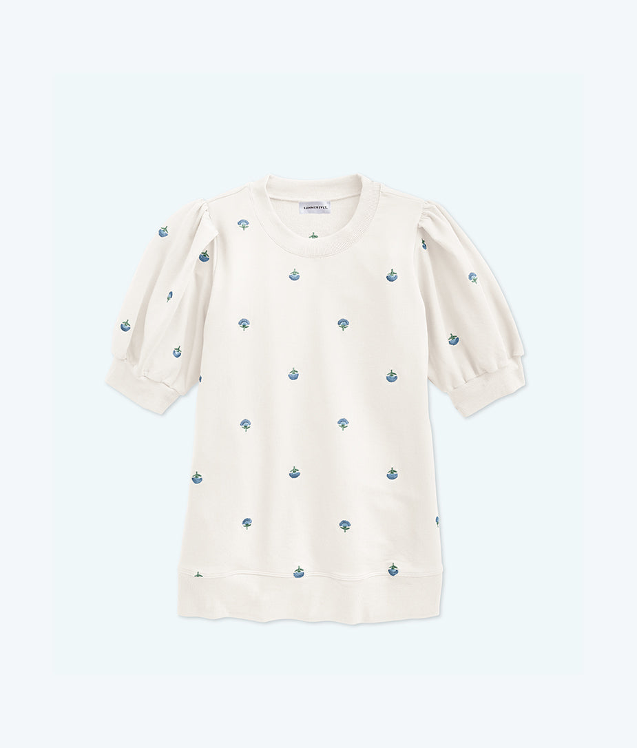 The Softest French Terry Puff Short Sleeve - White Sand Floral Stitch