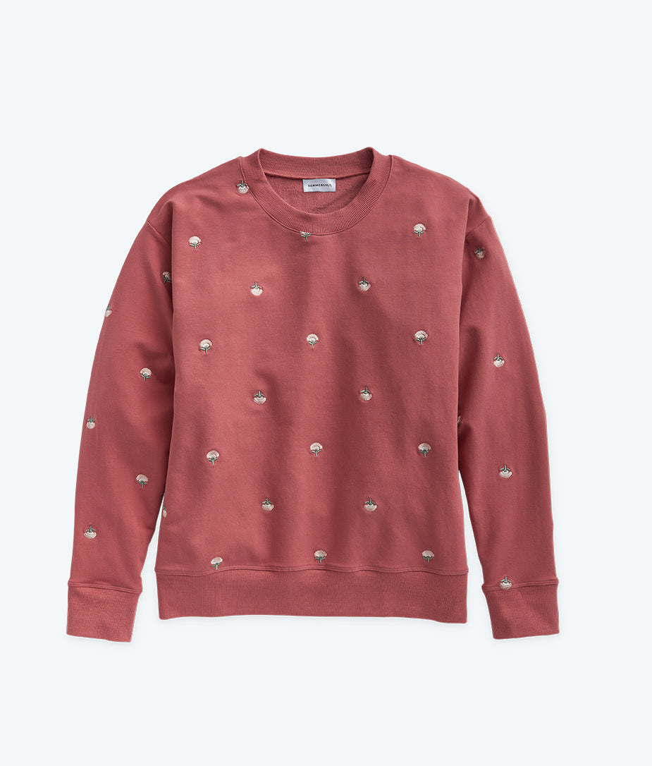 The Softest French Terry Relaxed Crew - Faded Rose Floral Stitch