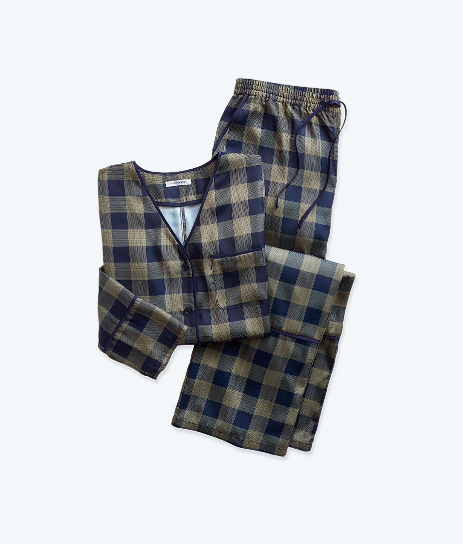 The Cloud 9 Silky PJ Set - Buffalo Check in Deep Sea & Gold