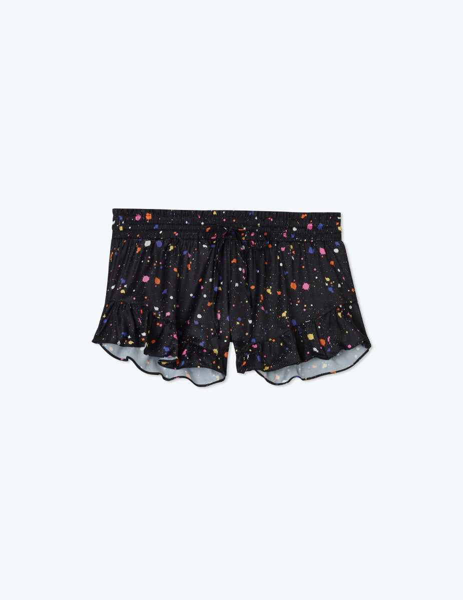 The Silky Ruffle Shorts - Paint Splatter in Sea Urchin