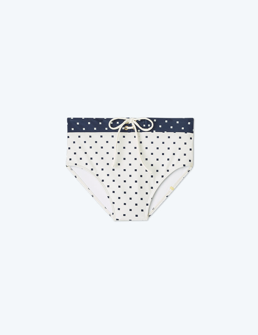 The Lace-Up High Leg High Rise Bikini Bottom - Square Dot in White Sand & Deep Sea