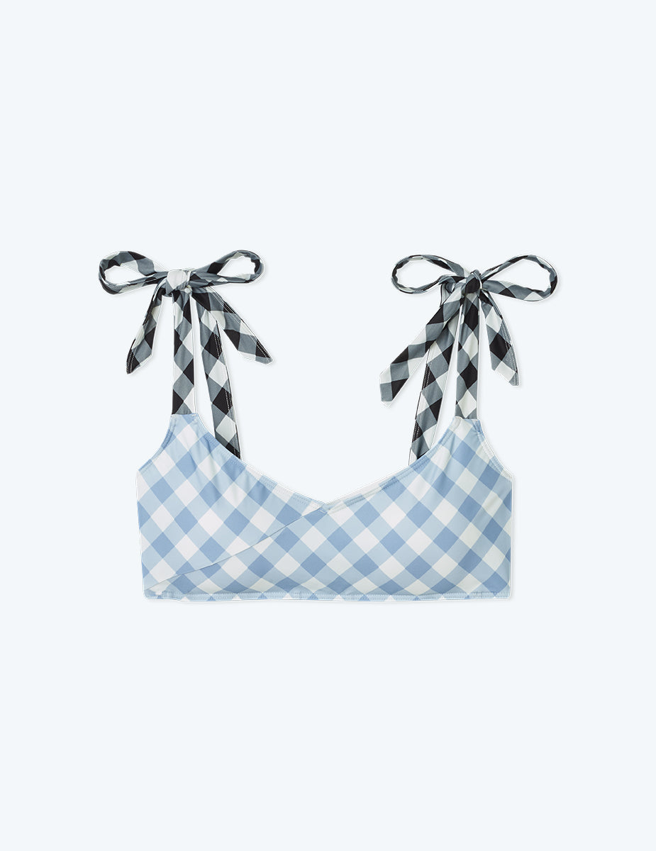 The Tie Marina Bikini Top - Gingham in Cloud