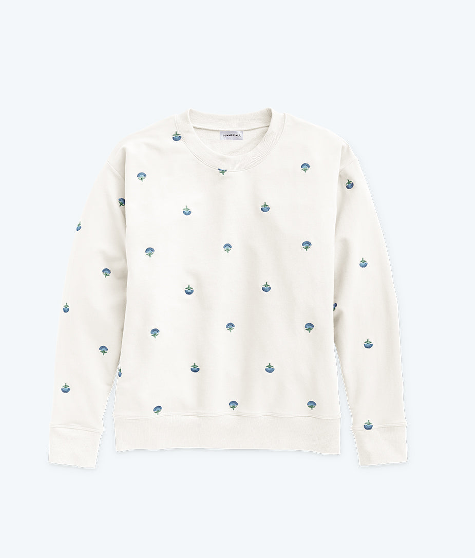 The Softest French Terry Relaxed Crew - White Sand Floral Stitch