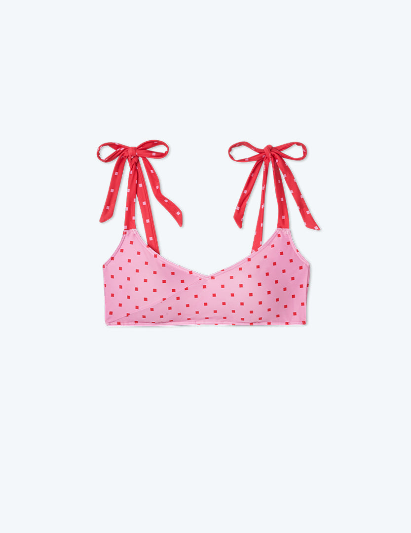The Tie Marina Bikini Top - Square Dot in Flamingo & Hibiscus