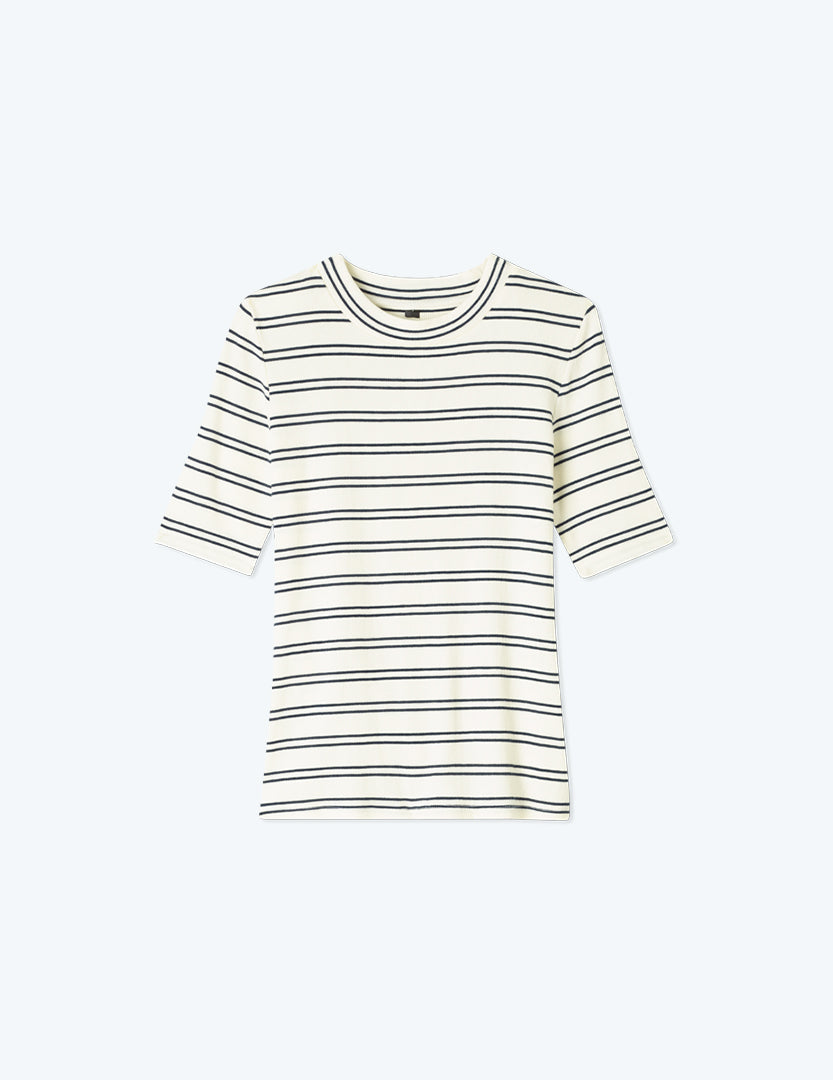 The Softest Ribbed Elbow Sleeve T-Shirt - White Sand & Deep Sea Stripe
