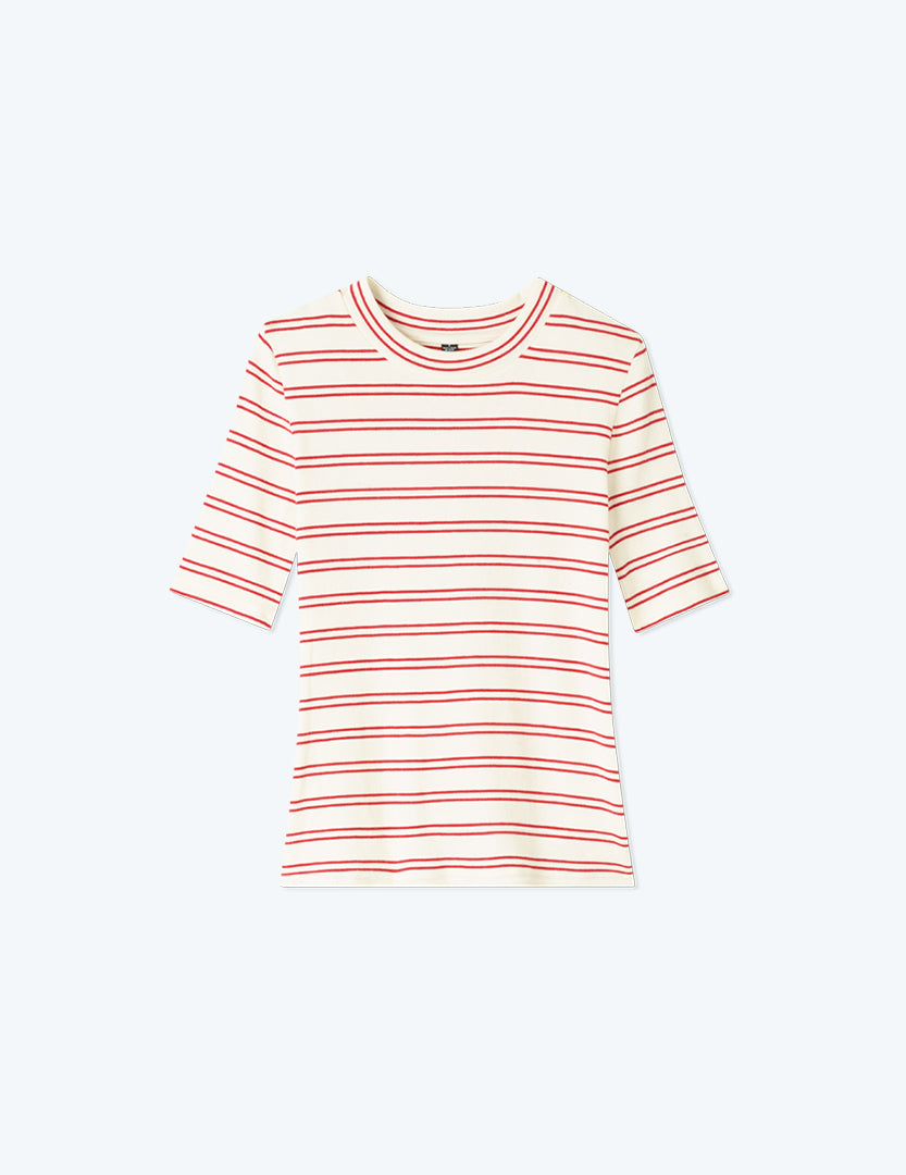 The Softest Ribbed Elbow Sleeve T-Shirt - White Sand & Berry Stripe