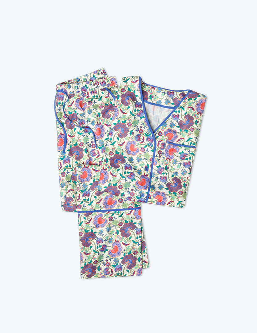 The Cloud 9 Silky PJ Set - Scroll Block Print in Violet & Lava