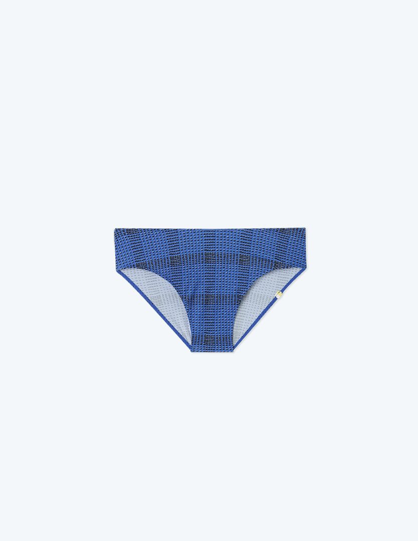 The Limited-Edition High Leg Mid Rise Bikini Bottom - Modern Plaid in Hydrangea