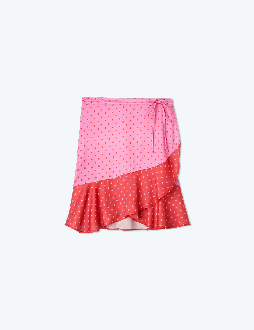 The Short Beach to Brunch Wrap Skirt - Square Dot in Flamingo & Hibiscus