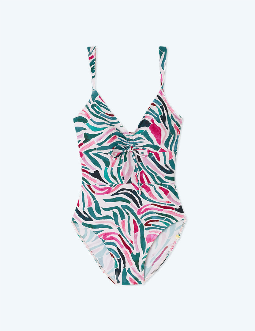 The Cinched One-Piece - Watercolor Zebra in Hibiscus & Seaweed
