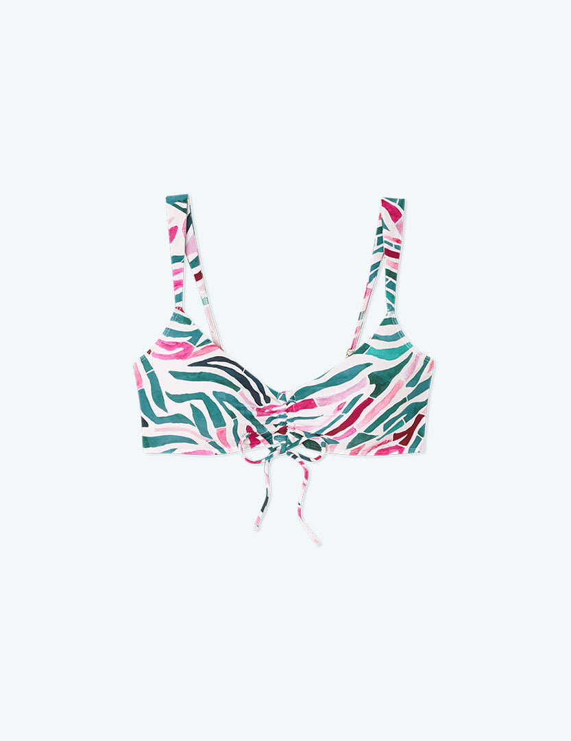 The Cinched Bikini Top - Watercolor Zebra in Hibiscus & Seaweed